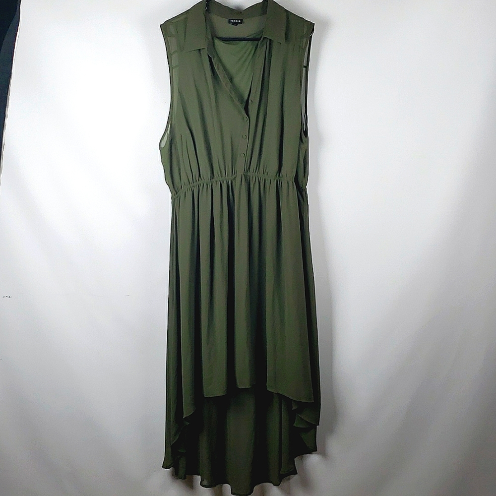 Size 3 TORRID High-low Olive Green Dress with slip layer.